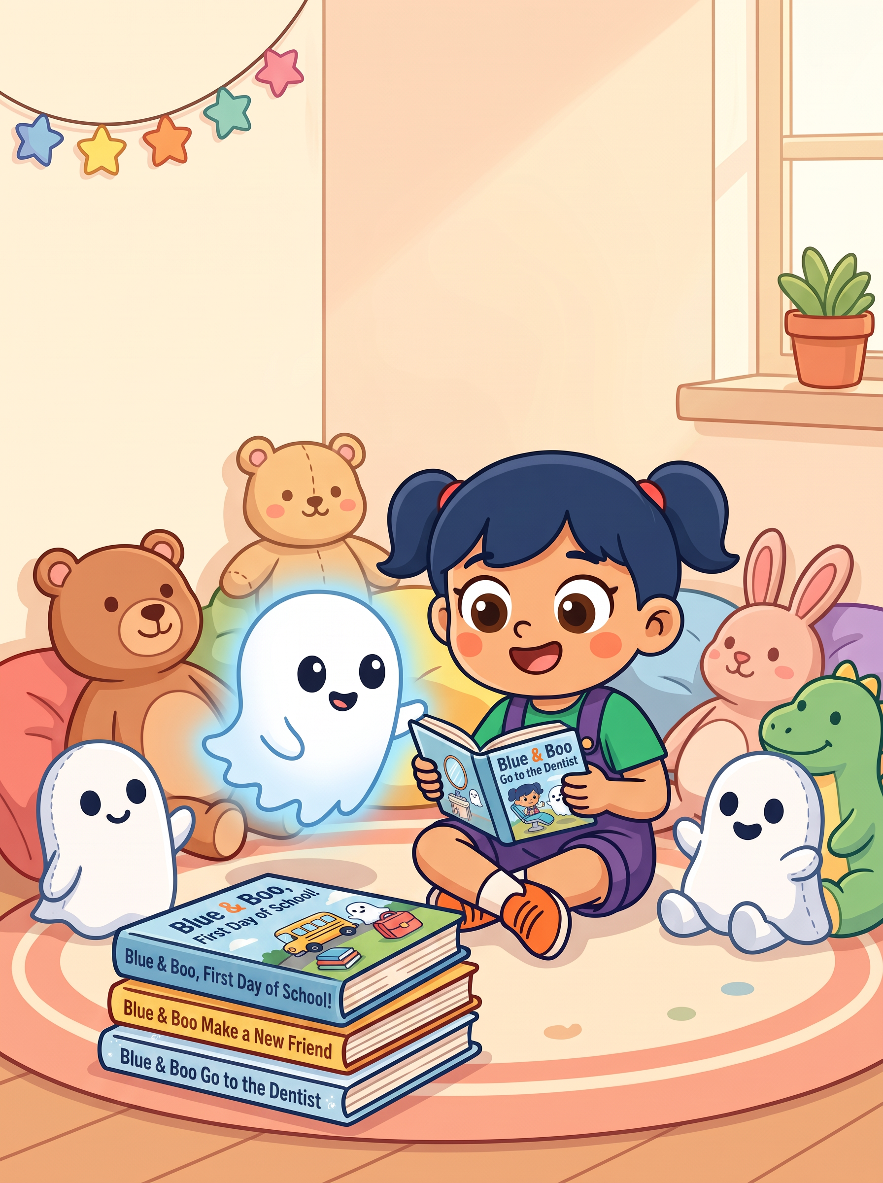 A stack of Blue & Boo books with Boo the ghost on top